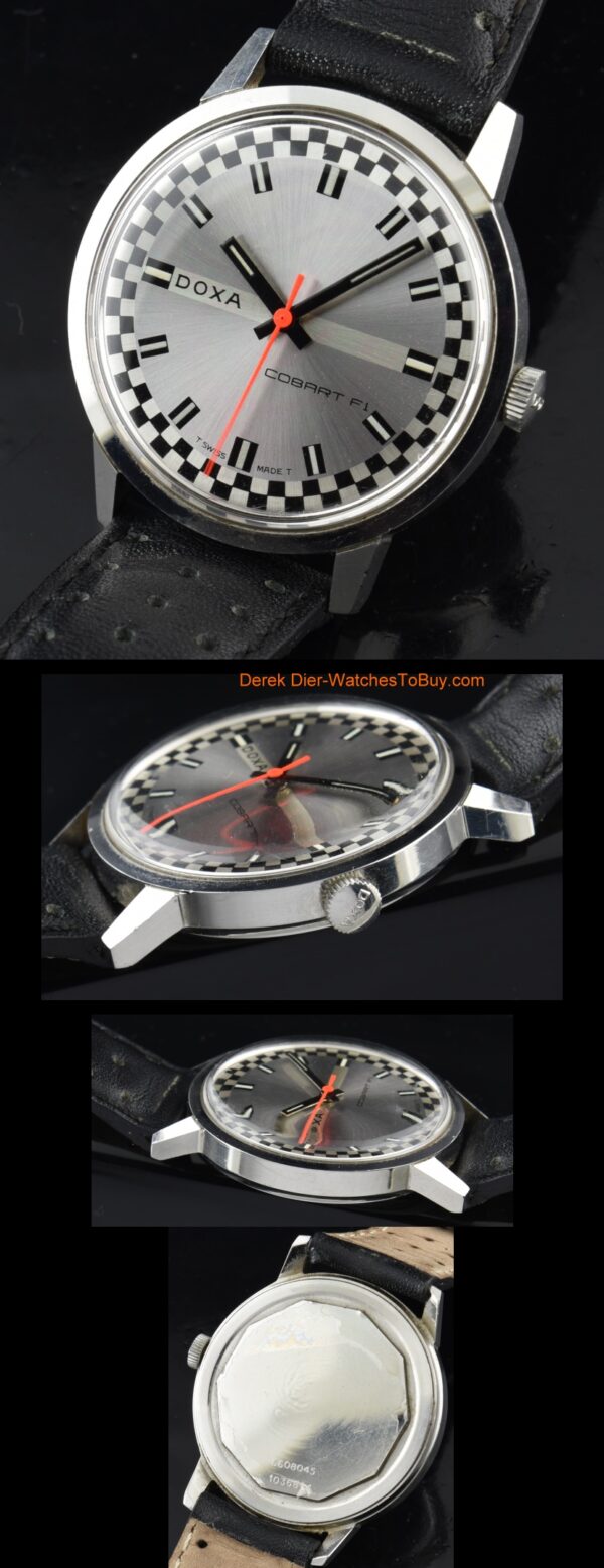 1968 Doxa Cobart F1 stainless steel watch with original case, winding crown, racing-style checkerboard dial, and manual winding movement.