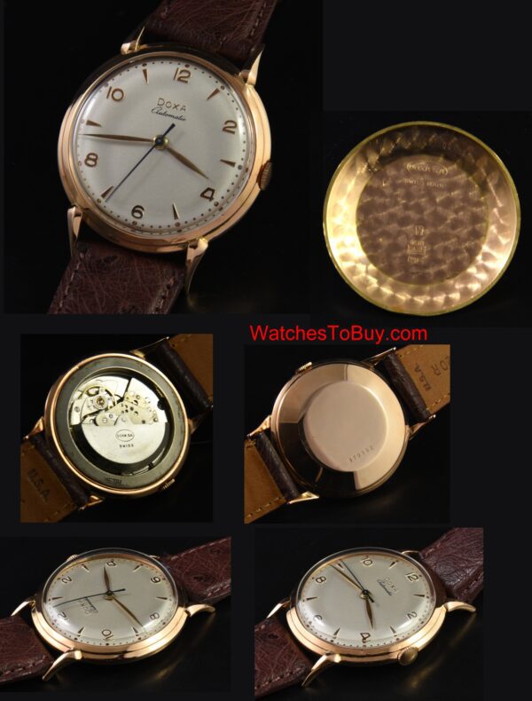 1950s Doxa 14k solid-rose-gold watch with original dial, raised markers, hands, horned/extended lugs, stepped bezel, and automatic movement.