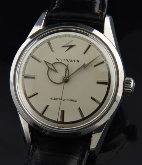 1960 Wittnauer Electro-Chron stainless steel watch with original lightning-bolt second hand, case, chunky lugs, and Landeron 4750 movement.