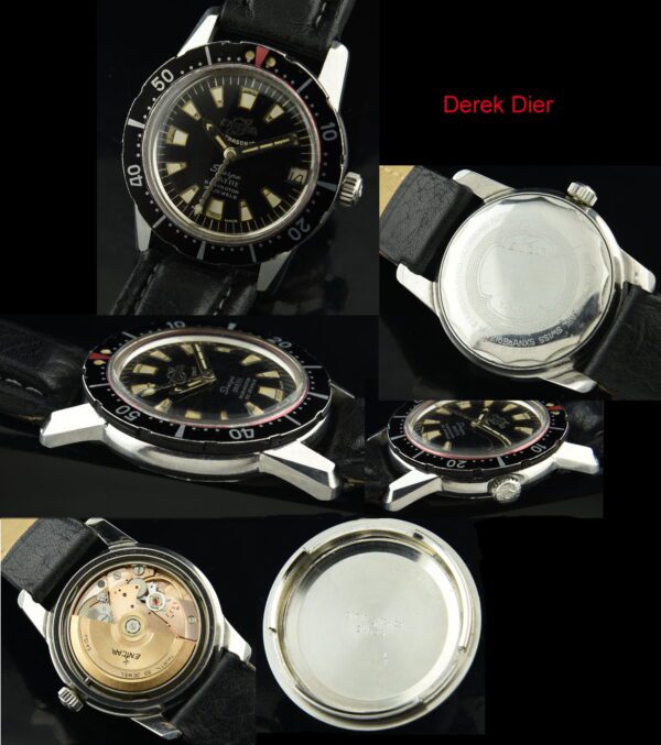 1960s Enicar Divette stainless steel dive watch with original hands, trapezoid markers, black dial, bezel, and automatic winding movement.