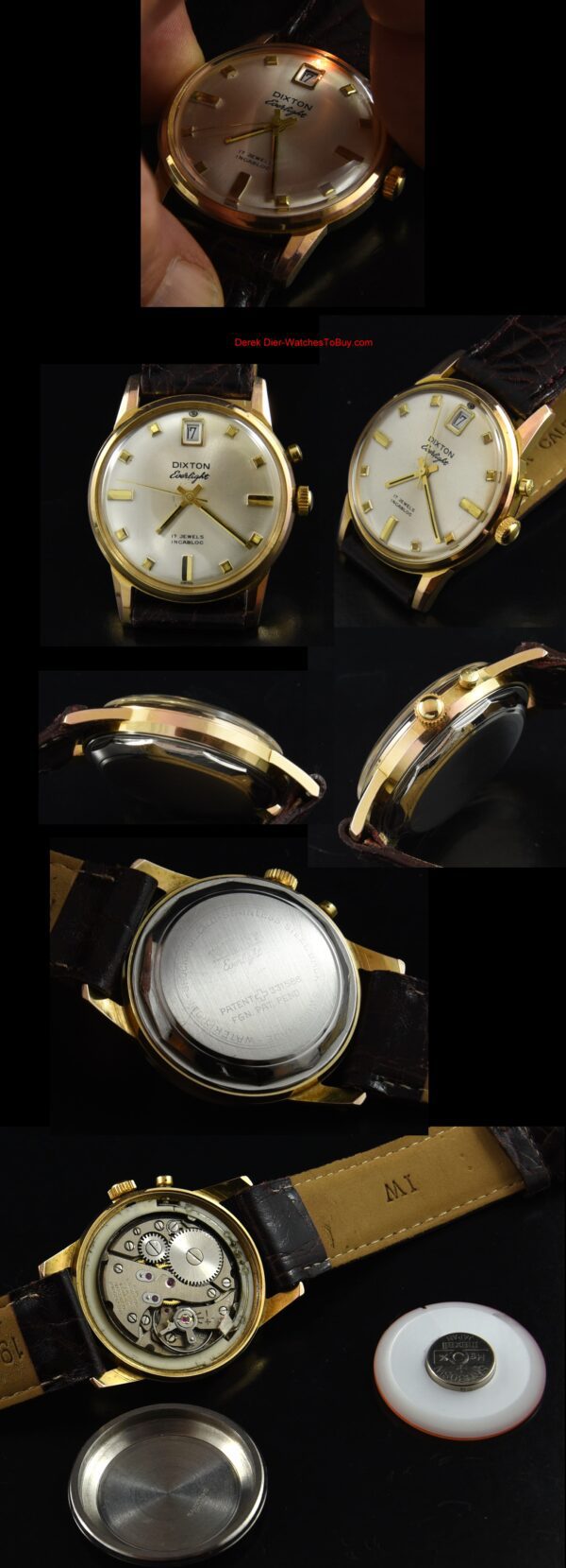 1960s Dixton Everlight gold-plated Swiss-made watch with original light bulb, case, steel back, and clean, accurate manual winding movement.