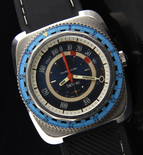 1966 Favre Leuba large Bathy 50m stainless steel depth-guage dive watch with original blue turning bezel, and manual winding movement.