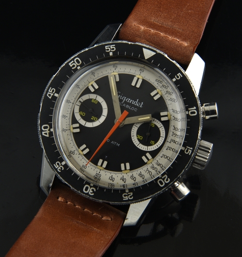 1960s Gignadet stainless steel chronograph watch with original exotic-toned dial, baton hands, bezel, case, and clean Landeron 248 movement.