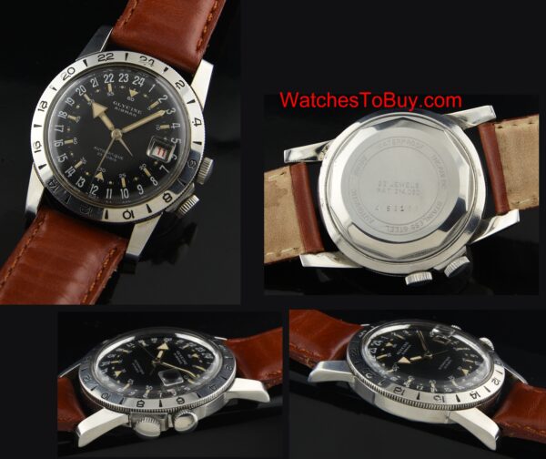 1950s Glycine Airman stainless steel military watch with original 24-hour black dial, lume, red date, and automatic winding AS movement.