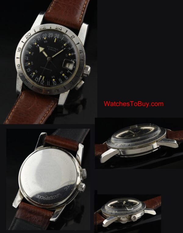 1960s Glycine Airman stainless steel military watch with original 24-hour black dial, case, hacking-seconds feature, and automatic movement.