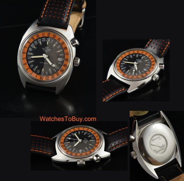 1970s Glycine Airman SST 'Pumpkin' stainless steel pilot's watch with original black/grey two-tone dial, hands, and hacking-seconds feature.