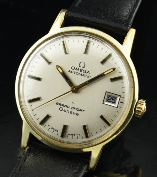 1970 Omega Geneve Grand Sport gold-plated watch with original restored dial, hands, winding crown, case, and cleaned caliber 565 movement.