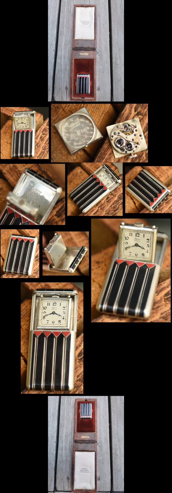 1930s Gruen 60mm Alpina sterling silver pocket/desk sliding watch with original art deco case, inlaid enamel, and four-adjustment movement.