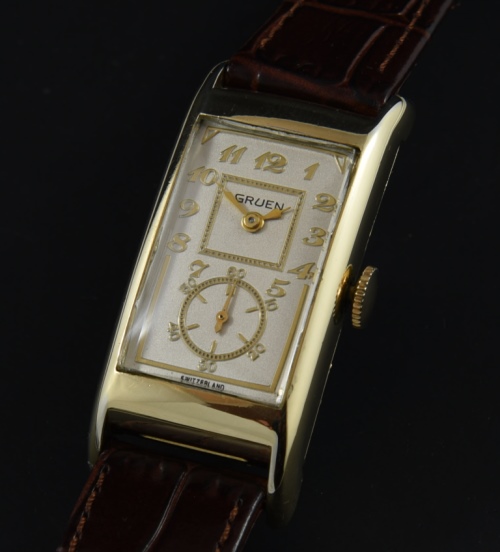 1940s Gruen 44mm Techni-Quadron gold-filled doctor's watch with original dial, Breguet numerals, hands, case, and Aegler manual movement.