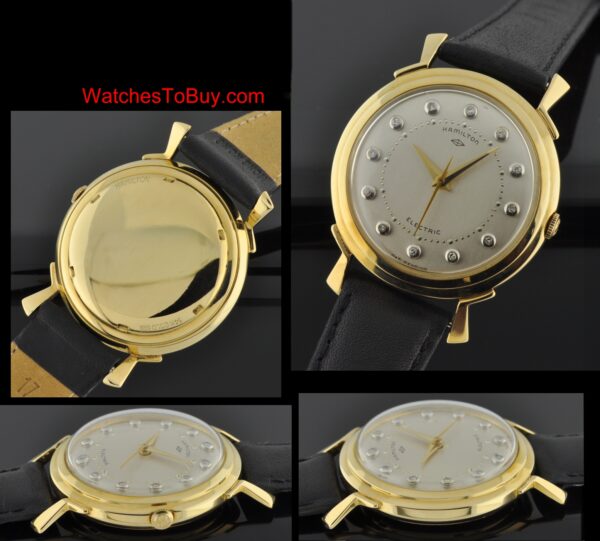1957 Hamilton Electric Van Horn 14k yellow-gold watch with original diamond markers, silver dial, Dauphine hands, and accurate movement.