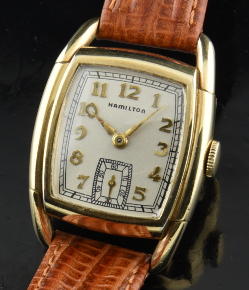 1940s Hamilton 27x38mm Dodson gold-filled watch with original interesting case, Arabic numerals, and fine, cleaned manual winding movement.