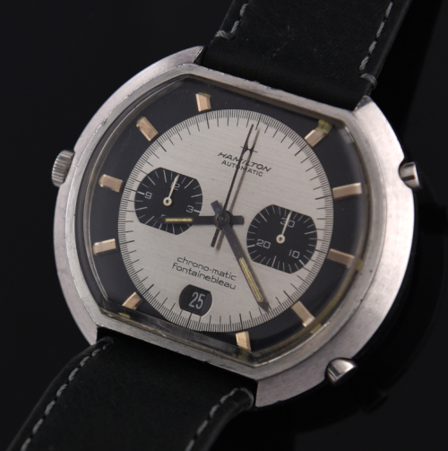 1970s Hamilton 47mm Fontainebleau stainless steel chronograph watch with original case, white-silver dial, crown, and caliber 11 movement.