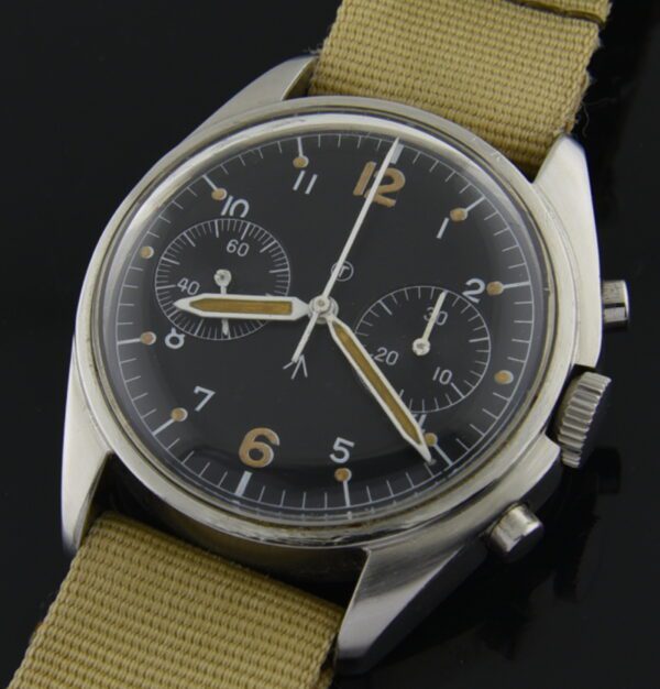 1972 Hamilton military stainless steel chronograph watch with original 'sterile' dial, fixed-lug asymmetric case, and Valjoux 7733 movement.