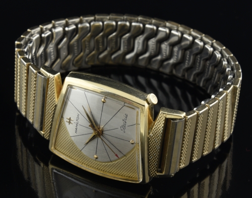 1962 Hamilton Electric Vega gold-filled watch with original case, dial, lugs, Dauphine hands, bracelet, box, and clean caliber 505 movement.