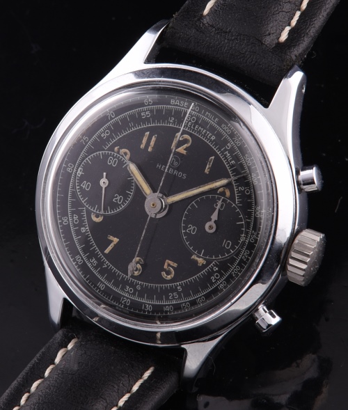 1950s Helbros stainless steel chronograph watch with original dial, chrome-plated bezel, and serviced manual winding Landern 148 movement.