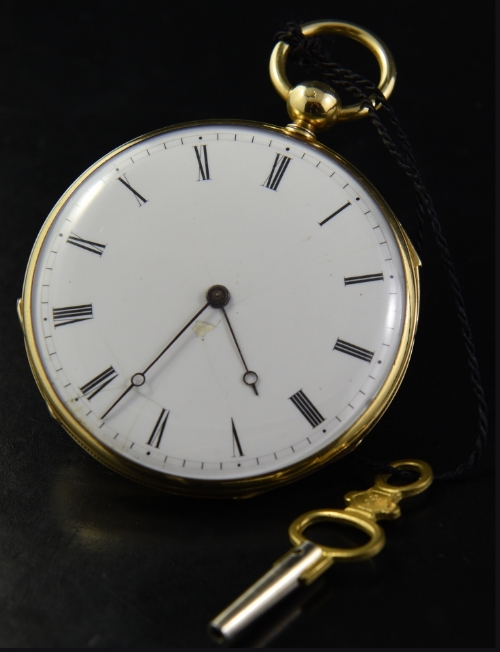 200-year-old Henri Robert 18k solid-gold quarter-repeating pocket watch with original porcelain dial, winding key, and serviced movement.
