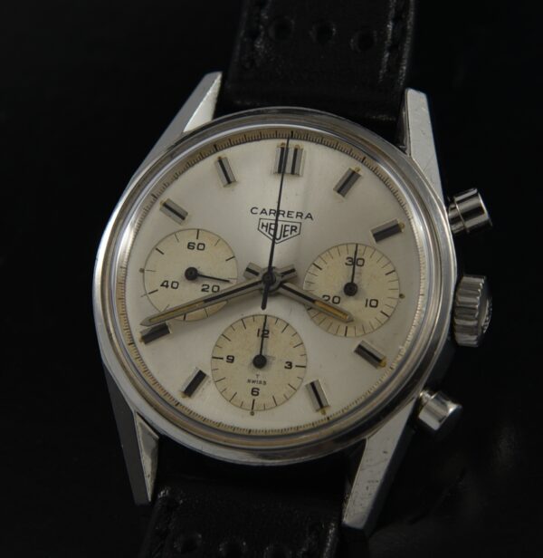 Vintage Heuer Carrera 36mm chronograph stainless steel watch with original silver eggshell-toned dial, lume, hands, and caliber 72 movement.