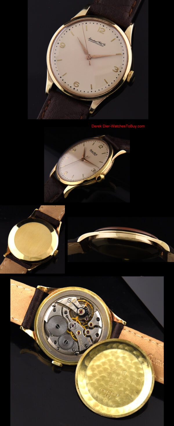 1950s IWC 14k solid-gold watch with original markers, restored print, case, handset, and fully cleaned caliber 89 manual winding movement.
