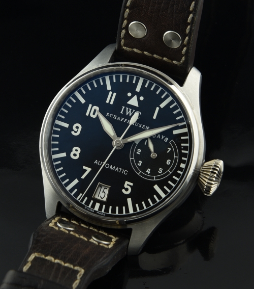 2006 IWC Big Pilot stainless steel unworn large watch with original box, papers, dial, band, buckle, and automatic 7-day movement reserve.