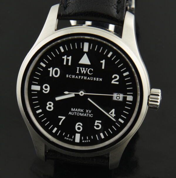 IWC MK XV 38mm stainless steel pilot's watch with original box, papers, hand tag, leather band, steel buckle, and 2018-serviced movement.