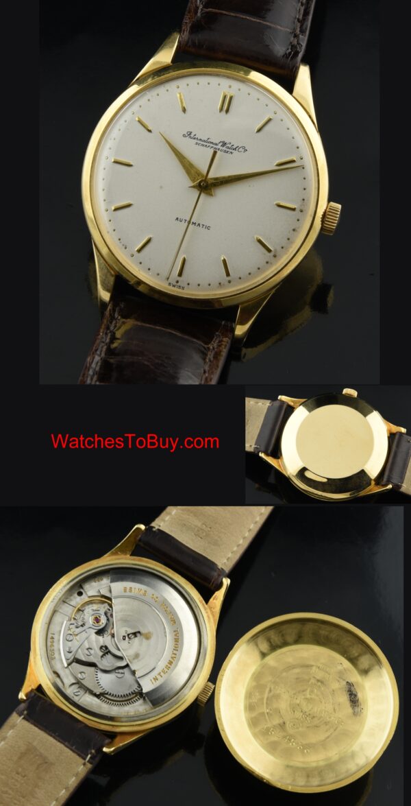 1950s IWC 18k solid-gold watch with original dial, raised markers, Dauphine hands, case, and cleaned caliber 853 automatic winding movement.