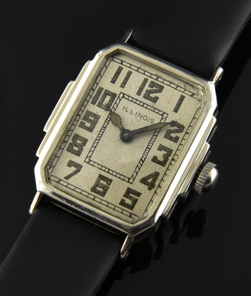 1927 Illinois 14k white-gold-filled watch with original Art-Deco Egyptian-style case, dial, lume, handset, and manual winding movement.