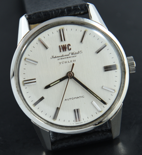 1960s IWC 34.5mm Automatic stainless steel watch with original winding crown, "Turler" dial, and fine serviced automatic winding movement.