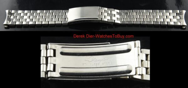 1970s JB Champion brick-link bracelet fitting round ended 18mm watches. Measures full-size 6.5" and is perfect for Omega Seamasters.