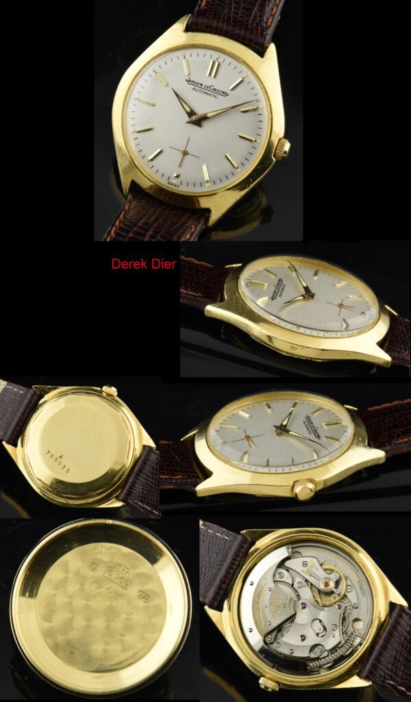 1957 Jaeger-LeCoultre 39mm 18k gold watch with original case, restored dial, Dauphine hands, and fine caliber 812 bumper automatic movement.