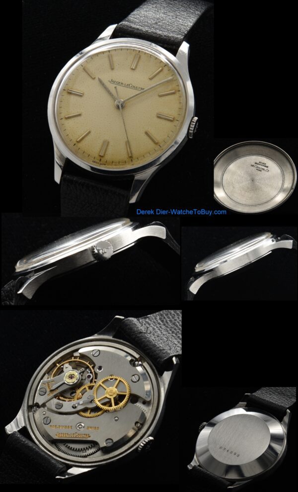 1950s Jaeger-LeCoultre stainless steel watch with original dial, thin and elegant hands, sweep seconds, and K478C manual winding movement.