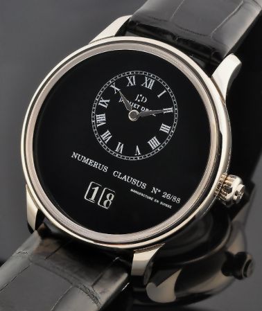 Jaquet Droz Grande 18k white-gold watch with original black enamel Roman dial, case back, crocodile strap, and automatic winding movement.