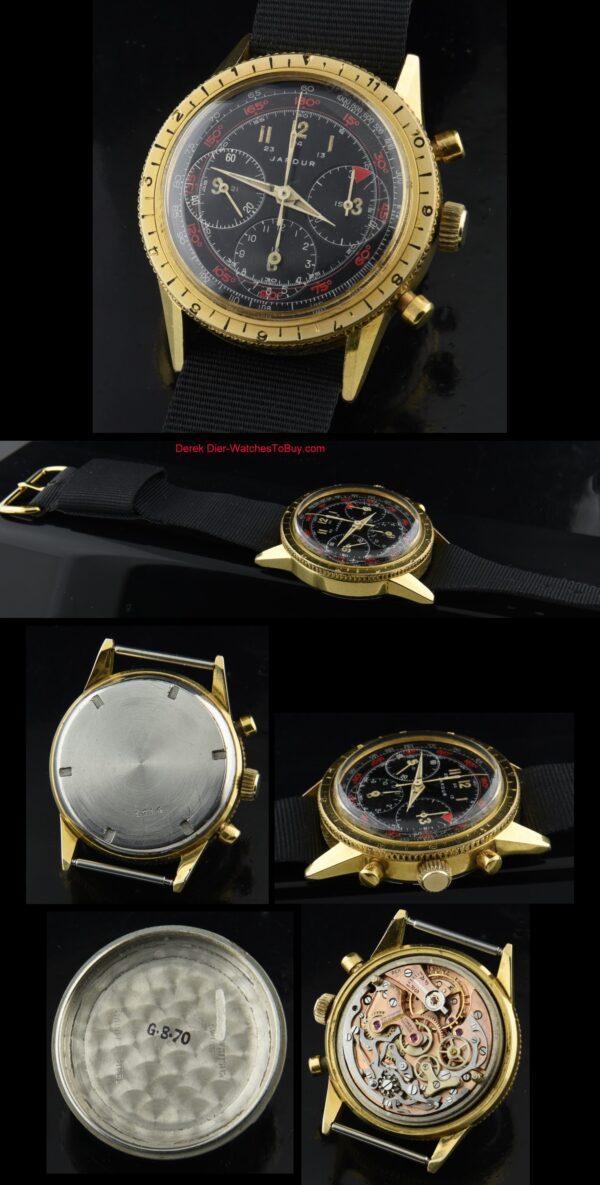 1940s Jardur 37.5mm rolled gold-plated pilot's chronograph watch with original case, black dial, and cleaned, desireable Valjoux 72 movement.
