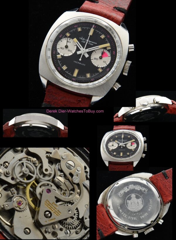 1970s Jules Jurgensen stainless steel chronograph watch with original reverse-panda dial, case, sunburst finish, and Valjoux 7733 movement.