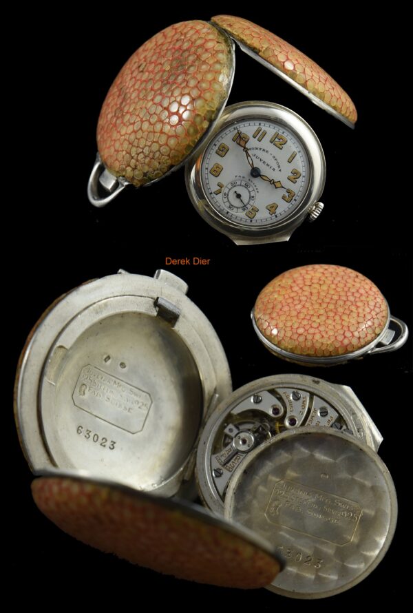 1920s Juvenia 40mm sterling silver pocket-sporting watch with original ray-skin-covered case, dial, and cleaned manual winding movement.