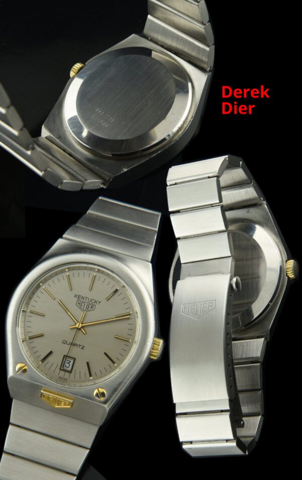 1978 Heuer Kentucky stainless steel watch with original gold-plated accents, bracelet, instruction booklet, and accurate quartz movement.
