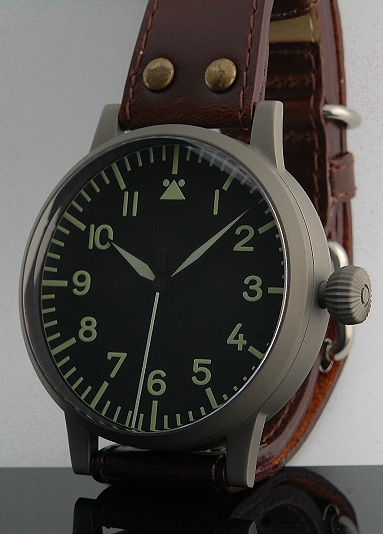 Limited-edition Laco Flieger stainless steel B-UHR replica WW2 pilot's watch with original leather band, and ETA A07.111 automatic movement.
