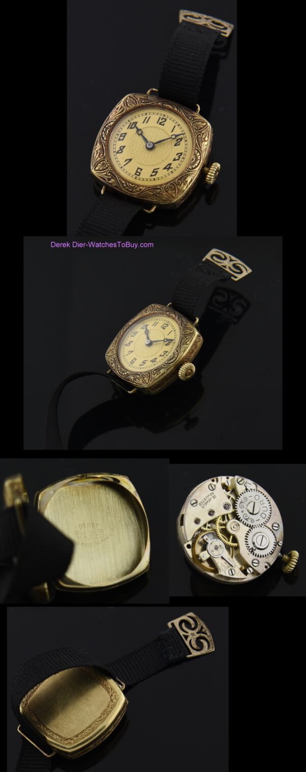 1930s ladies gold-filled stainless steel watch with original manual winding movement, two-toned dial, filigree case, and cloth nylon band.