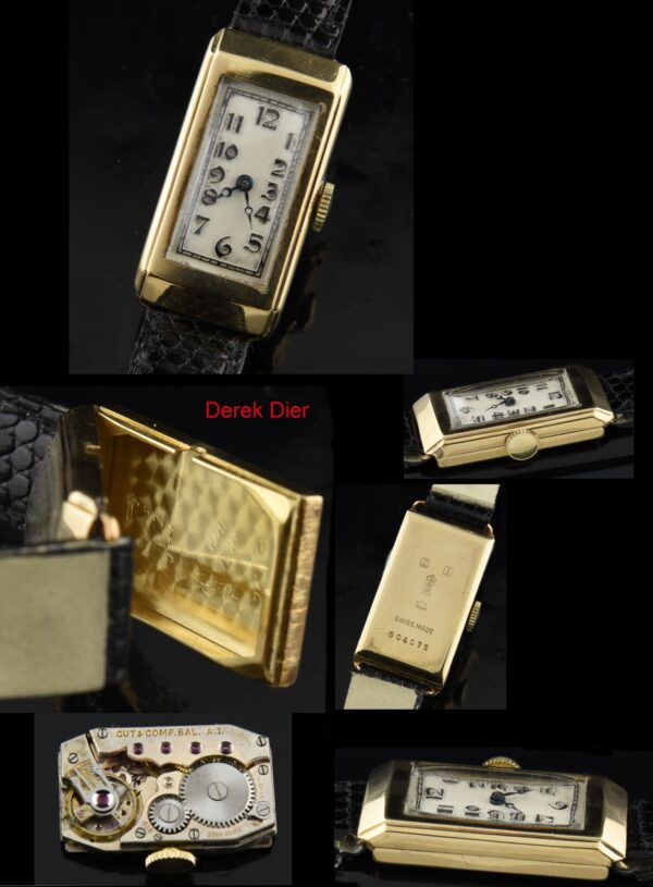 1930s Swiss 9k solid-gold ladies rectangular watch with original dial, hands, stylized raised numerals, and cleaned manual winding movement.