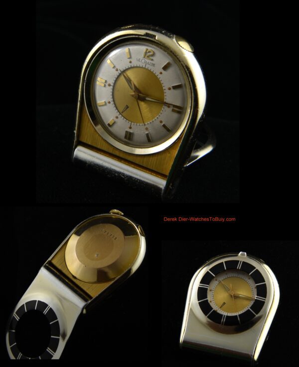 1950s LeCoultre Memovox alarm desk or pocket watch with original two-tone dial, dagger-style hands, and serviced manual winding movement.