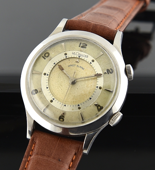 1950s LeCoultre Wrist Alarm Memovox stainless steel watch with original unpolished case, dial, hands, crowns, and caliber 814 movement.