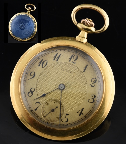 1904 Le Parc 47.5mm 18k solid-gold and enamel pocket watch with original hunter case, guilloche-engraved dial, and fine, cleaned movement.