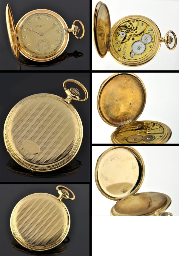 1920s Levrette 14k solid-gold pocket watch with original Breguet numerals, dial, spade hands, hunter case, and fine manual winding movement.