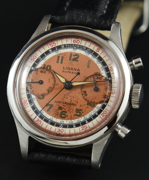 1950s Libana stainless steel chronograph watch with orginal exotic dial, imprinted fingerprint, chunky case, and manual winding movement.