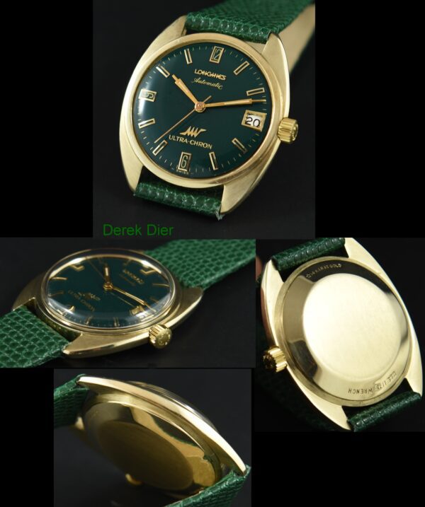 1960s Longines 34.5mm Ultra-Chron 14k solid-yellow-gold watch with original winding crown, green dial, and caliber 431 automatic movement.