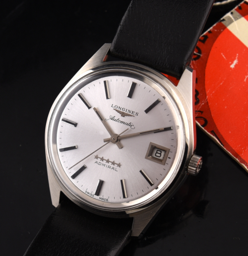 1967 Longines 35mm Five Star Admiral stainless steel watch with original crown, crystal, band, silver dial, and clean caliber 501 movement.