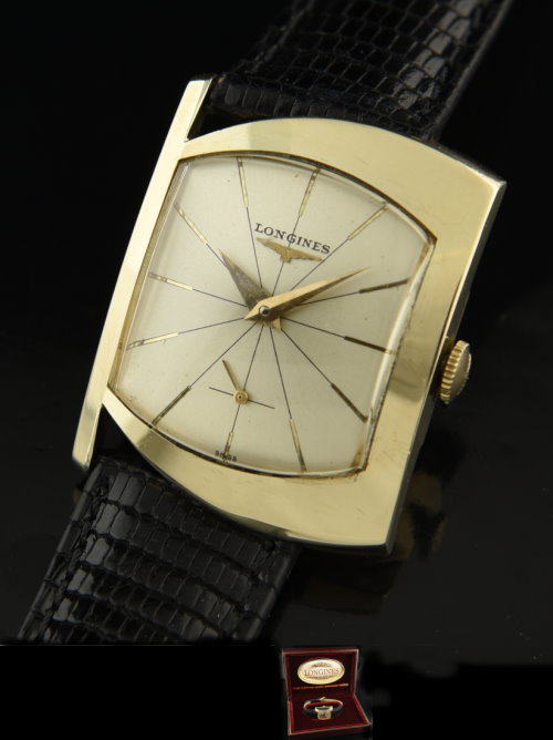 1962 Longines gold-filled asymmetric dress watch with original case, dial, hands, baton markers, box, and cleaned manual winding movement.