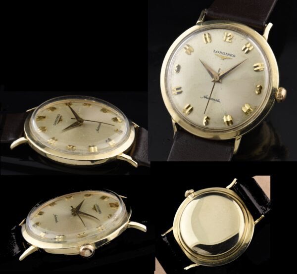 1950s vintage Longines 33mm 14k solid-gold dress watch with original dial, case, and fine, cleaned, accurate automatic winding movement.
