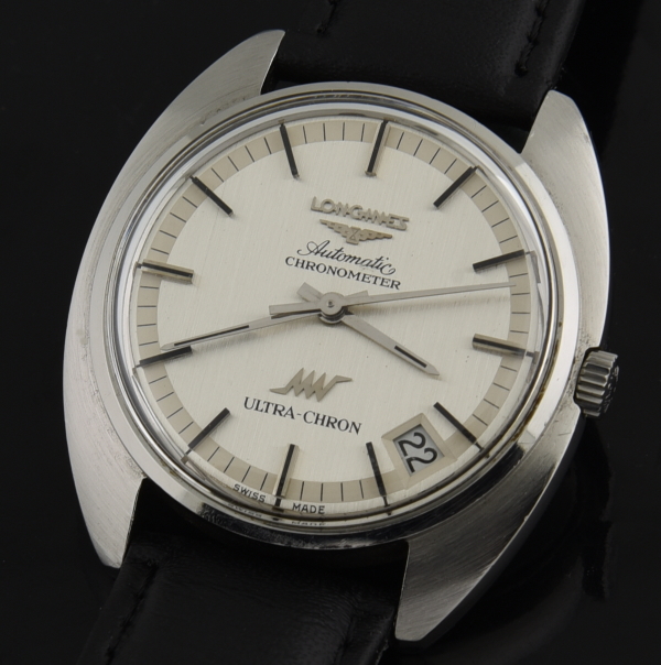 1970s Longines 35mm Ultra-Chron stainless steel watch with original screw-back case, winding crown, dial, and chronometer-grade movement.