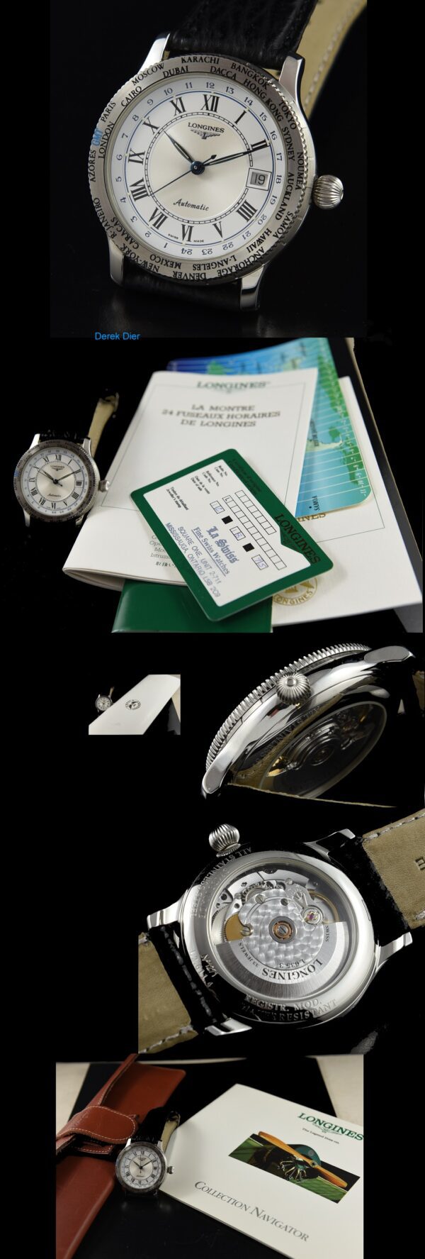 1995 Longines Lindbergh GMT stainless steel watch with original 24-hour universal time, box, papers, rotating bezel, and automatic movement.