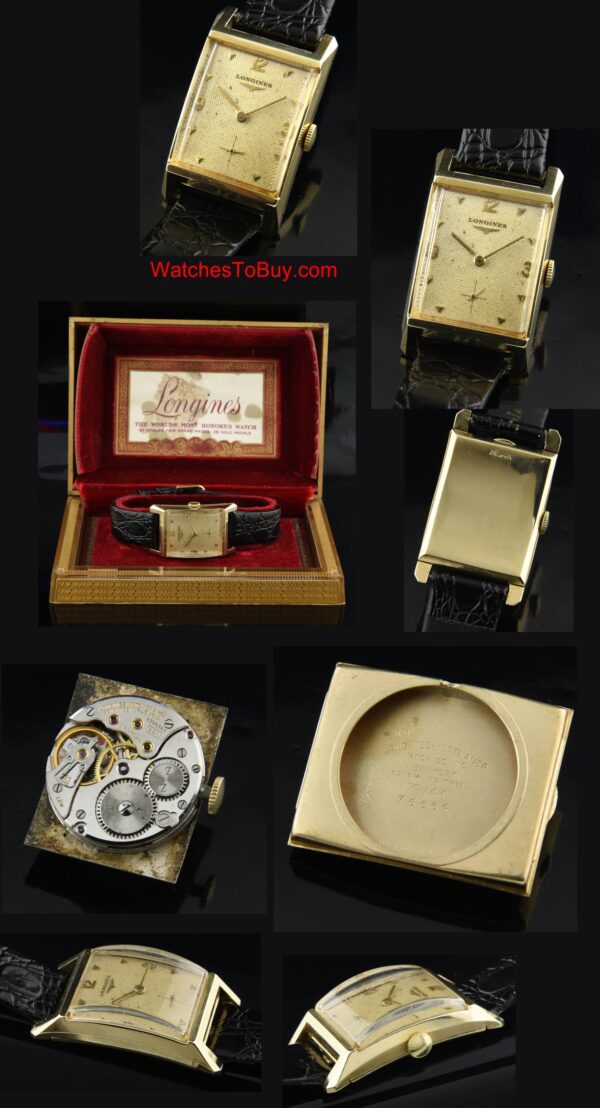 1950s Longines 14k solid-gold dress watch complete with original box, honeycomb dial, patina, case, and cleaned manual winding movement.
